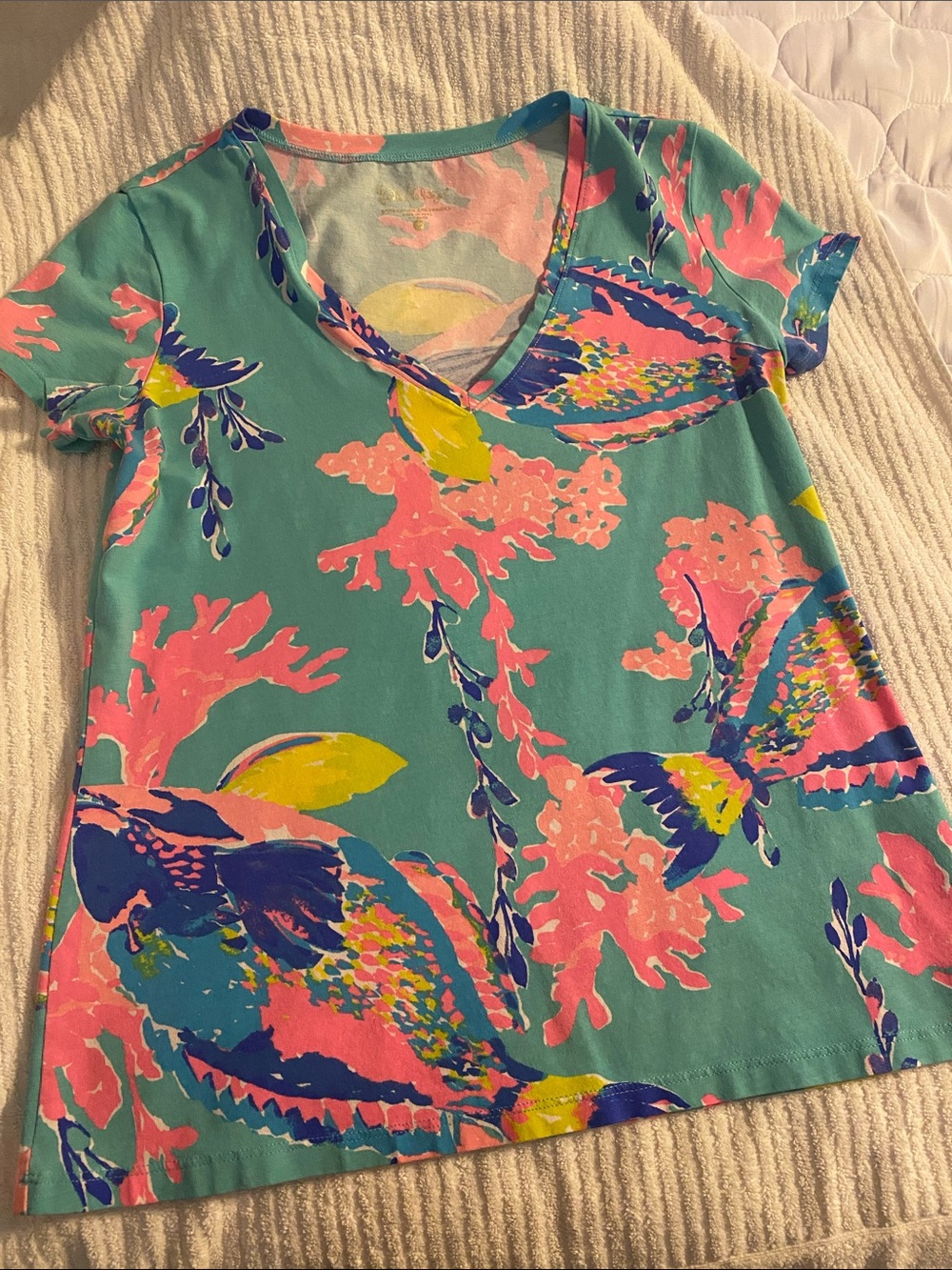 Lilly Pulitzer MICHELE V-Neck Tee with Pink, Yellow & Blue Floral Print